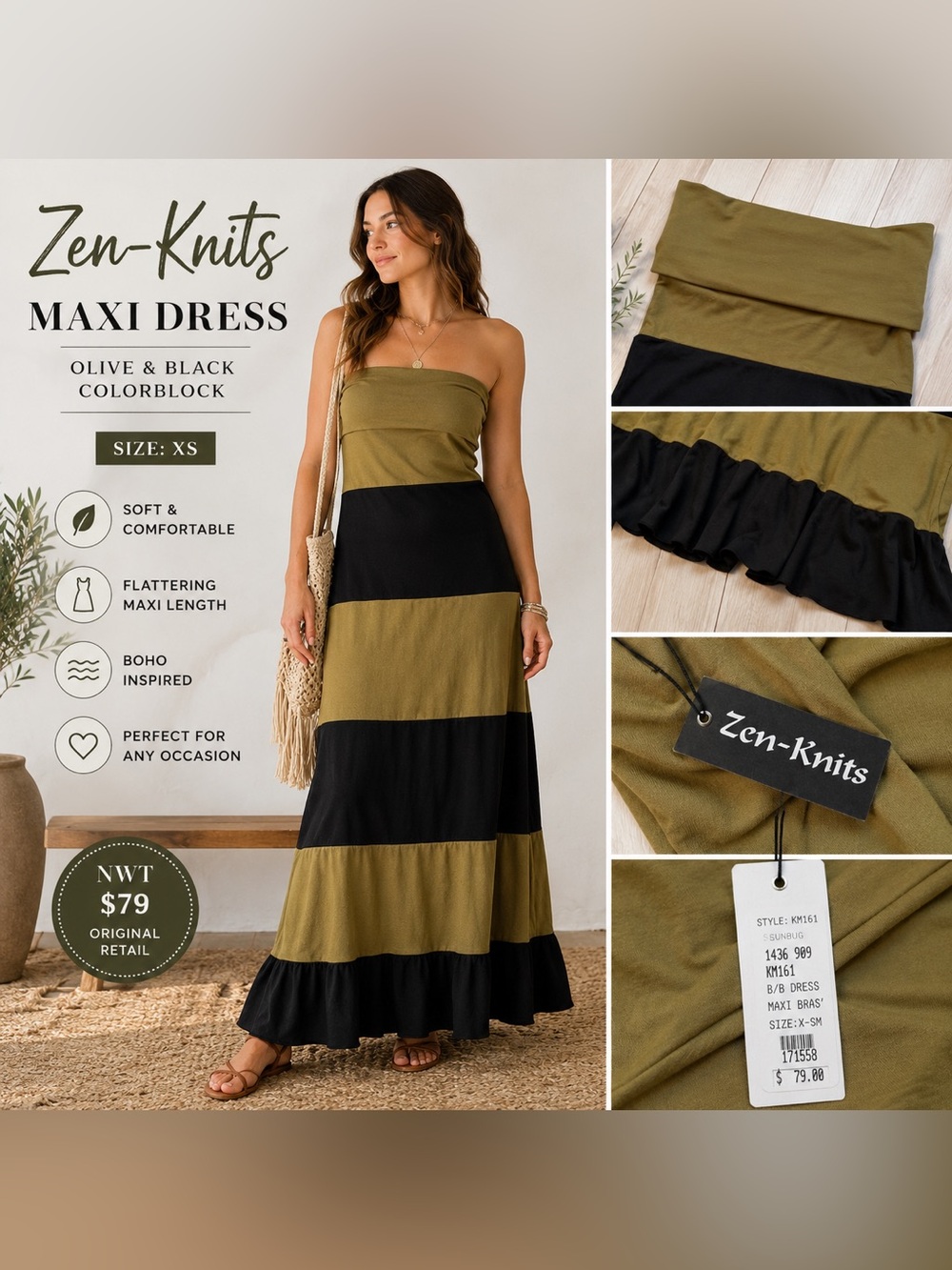 Zen-Knits Olive & Black ColZen-Knits Olive & Black Colorblock Maxi Dress Size XS